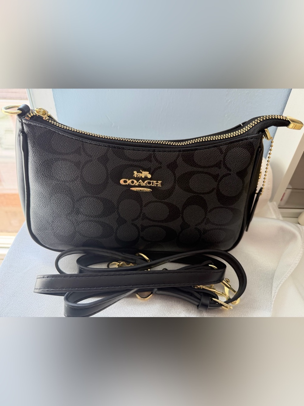 Coach Black Signature Monogram Crossbody with Gold Accents